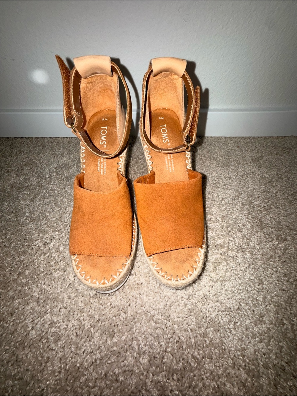 TOMS Suede Tan Espadrille Wedge Sandals with Ankle Strap